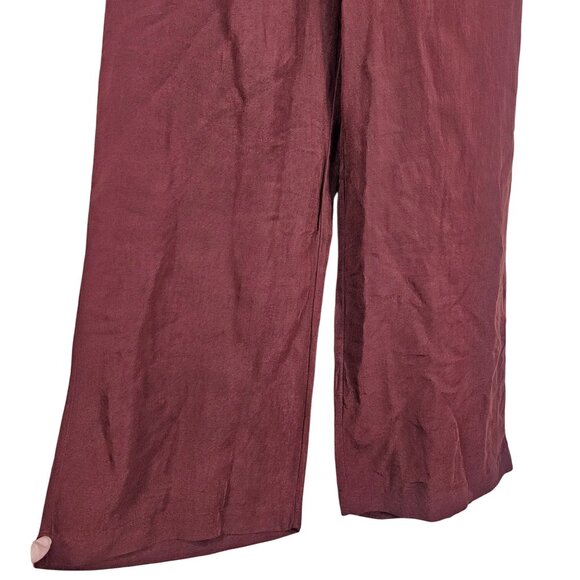 H&M Linen Wide-Leg Pants L Pull On Burgundy High Waist Coastal Lagenlook Scandi - Picture 3 of 12